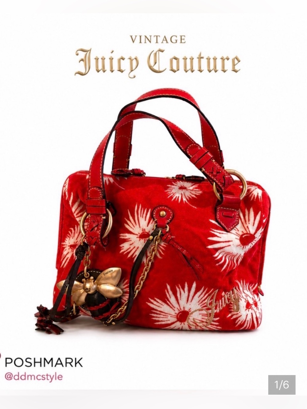 VTG EUC Juicy Couture Red and White Floral Velvet Satchel w Gold Bee Charmware